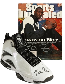 Kevin Garnett Game Used and Signed Sneaker With Signed Sports Illustrated Magazine (Steiner)